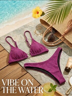 Neon purple/pink Ring-Detail Triangle Bikini Set